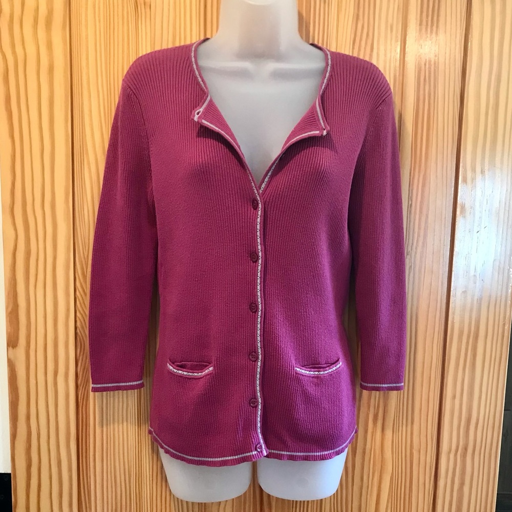 Ann Taylor Vintage Ribbed Trim Cotton Cardigan Sweater | Magenta |4 for $25 Sale